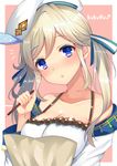  aozora_nan bangs beret blonde_hair blush breasts character_name chestnut_mouth cleavage cucouroux_(granblue_fantasy) eyebrows_visible_through_hair granblue_fantasy hat highres holding holding_pencil large_breasts long_hair looking_at_viewer parted_lips pencil purple_eyes solo twintails upper_body 