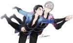  2boys artist_name black_hair black_pants blue_eyes brown_eyes commentary english_commentary gearous grey_hair hair_slicked_back hand_on_another&#039;s_hip hands_together interlocked_fingers jewelry katsuki_yuuri leg_up looking_at_another male_focus multiple_boys pants ring short_hair simple_background skates skating smile viktor_nikiforov white_background yuri!!!_on_ice 