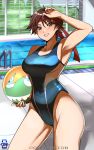  1girl absurdres armpits ball breasts brown_eyes ceroccb competition_swimsuit covered_navel day headband highres holding holding_ball kasugano_sakura large_breasts one-piece_swimsuit pool red_headband short_hair smile solo standing street_fighter street_fighter_v swimsuit thighs water 