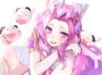  1girl :d bare_shoulders detached_sleeves flower hair_flower hair_ornament highres league_of_legends long_hair nail_polish nakiyande pink_eyes pink_flower pink_hair pink_nails poro_(league_of_legends) seraphine_(league_of_legends) shiny_skin smile solo teeth tongue tongue_out upper_teeth_only 