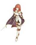  absurdres arm_guards armor bangs bare_shoulders black_legwear breastplate celica_(fire_emblem) detached_collar earrings fingerless_gloves fire_emblem fire_emblem_echoes:_mou_hitori_no_eiyuuou framed_breasts full_body gloves hair_ornament hidari_(left_side) highres jewelry official_art red_eyes red_hair solo sword thighhighs tiara transparent_background weapon zettai_ryouiki 
