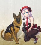  1girl beret black_pantyhose blue_eyes breasts dog frilled_skirt frills german_shepherd girls&#039;_frontline gun hat hat_ribbon highres holding holding_gun holding_weapon jamgom leash looking_at_viewer mp5_(girls&#039;_frontline) necktie on_one_knee open_mouth pantyhose red_headwear red_necktie ribbon scope shoes simple_background skirt small_breasts smile weapon white_hair 