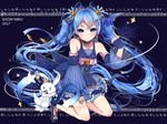  2017 absurdres blue_eyes blue_hair bunny character_name constellation_print earrings fingerless_gloves gloves hair_ornament hairclip hatsune_miku highres jewelry kneeling long_hair looking_at_viewer one_eye_closed smile snowflake_hair_ornament star_night_snow_(vocaloid) twintails very_long_hair vocaloid wand weizhi yuki_miku yukine_(vocaloid) 