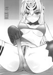  00s 1girl aside ass bent_over bikini breasts elbow_gloves erect_nipples female fingerless_gloves gloves highres huge_ass kos-mos leaning_forward long_hair looking_at_viewer monochrome nakajima_rei namco nipples pussy scan sitting solo swimsuit thigh_boots thighhighs underboob xenosaga 