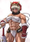  1girl abs absurdres beads biceps breasts chest_sarashi club_(weapon) commission dark-skinned_female dark_skin fire_emblem fire_emblem_fates gunbai highres holding_club mask mask_on_head muscular muscular_female mynameissuusan obliques prayer_beads rinkah_(fire_emblem) sarashi skeb_commission spiked_club war_fan weapon 