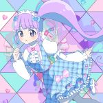  1girl blue_bow blue_dress blunt_bangs bow center_frills commentary_request dress frills hair_bow hand_up idol_clothes kuroda_keeshi long_hair looking_at_viewer manaka_non open_mouth pink_bow plaid plaid_dress pretty_series pripara priticket purple_eyes purple_hair shirt side_ponytail solo standing standing_on_one_leg very_long_hair white_shirt 