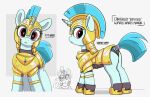 anthro armor blue_body blue_tail butt clothed clothing english_text equid equine female hair headgear helmet hooves horn horse looking_at_viewer looking_back mammal mythological_creature mythological_equine mythology pabbley pony quadruped red_eyes solo tail text unicorn unicorn_horn