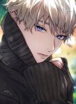  1boy bishounen black_sweater blue_eyes blurry bokeh commentary_request depth_of_field eyelashes grey_hair highres looking_at_viewer love_and_deepspace male_focus pink_lips portrait ribbed_sweater short_hair signature solo sweater sytir turtleneck turtleneck_sweater xavier_(love_and_deepspace) 