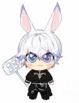  1boy :3 animal_ears black_coat blue_eyes blush_stickers chibi chibi_only coat final_fantasy final_fantasy_xiv gg_dal hammer heterochromia holding holding_hammer long_sleeves looking_at_viewer male_focus purple_eyes rabbit_ears simple_background solo viera warrior_of_light_(ff14) white_background white_hair 
