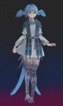  1girl absurdres bird_tail blue_eyes blue_hair brooch closed_mouth dress final_fantasy final_fantasy_xiv full_body gg_dal gradient_background grey_dress head_wings highres jewelry long_sleeves looking_at_viewer meteion monster_girl short_dress short_hair skirt_hold smile solo standing tail talons wings 