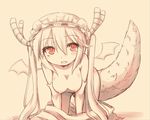  breasts cleavage collarbone dragon_girl dragon_horns dragon_tail dragon_wings eyebrows_visible_through_hair fang gloves hanging_breasts head_tilt horns kobayashi-san_chi_no_maidragon looking_at_viewer maid_headdress medium_breasts monochrome nipples nude open_mouth red_eyes sketch slit_pupils solo spot_color tail tooru_(maidragon) wings yoshi_(crossmind) 