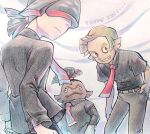  3boys black_shirt co_ma_tsu_na earrings feet_out_of_frame grey_pants hair_over_eyes highres jewelry kuze_(splatoon) long_sleeves multiple_boys necktie nishida_(splatoon) pants parted_lips pointy_ears red_necktie shirt shirt_tucked_in short_sleeves smile splatoon_(series) splatoon_1 taka_(splatoon) 