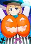  1girl areola_slip areolae arms_behind_head arms_up blonde_hair breasts cosplay cross dress halloween hat highres huge_breasts impossible_clothes large_areolae looking_at_viewer moon narusawa_ryouka night occultic;nine short_hair sky smile solo stars tetrodotoxin witch_hat yellow_eyes 