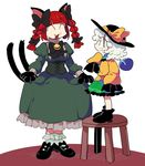  ^_^ animal_ears bell black_footwear black_hat blue_eyes bow braid cat_ears cat_paws cat_tail closed_eyes commentary_request corset dress dress_lift fang furukawa_(yomawari) green_dress green_skirt hat hat_bow hat_ribbon height_difference highres kaenbyou_rin komeiji_koishi long_sleeves looking_at_another multiple_girls multiple_tails paws red_hair ribbon shirt shoes skirt standing stool tail third_eye touhou twin_braids two_tails underbust white_hair wide_sleeves yellow_bow yellow_ribbon yellow_shirt 