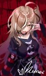  1girl absurdres black_choker black_hair black_ribbon black_shirt black_sweater brown_eyes brown_hair character_name choker hair_over_one_eye hair_ribbon highres hololive hololive_english ingyanggang jewelry lace-trimmed_choker lace_trim long_hair looking_at_viewer multicolored_hair nanashi_mumei nanashi_mumei_(4th_costume) necklace nightmare_(nanashi_mumei) official_alternate_costume one_side_up red_sweater ribbon shirt smile solo streaked_hair striped_clothes striped_sweater sweater sweater_under_shirt tongue tongue_out torn_clothes torn_sweater virtual_youtuber white_hair 