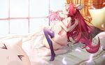  &gt;_&lt; asa_ni_haru bed breasts closed_eyes curtains headgear highres holding_hands horn jinx_(league_of_legends) league_of_legends long_hair luxanna_crownguard medium_breasts multiple_girls navel nude pink_hair red_hair single_thighhigh sitting small_breasts star star_guardian_jinx star_guardian_lux thighhighs torn_clothes torn_legwear triangle_mouth very_long_hair wariza window yellow_eyes yuri 