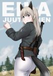  1girl 2024 absurdres animal_ears artist_name ass blue_eyes eila_ilmatar_juutilainen fox_ears fox_girl fox_tail green_jacket grey_hair gun highres jacket looking_at_viewer looking_back mardjan pants pantyhose smile solo strike_witches submachine_gun suomi_kp/-31 tail weapon white_pants world_witches_series 