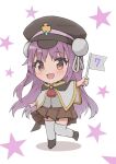  1girl :d amayomiyu arm_at_side ascot black_headwear blush brown_skirt capelet chibi commentary_request countdown_illustration double_bun eyes_visible_through_hair flag hair_between_eyes hair_bun hand_up happy hat heaven_burns_red holding holding_flag kunimi_tama long_hair looking_at_viewer military_hat miniskirt open_mouth pink_hair pleated_skirt red_ascot red_eyes shirt simple_background skirt smile solo standing standing_on_one_leg star_(symbol) thighhighs twitter_username white_background white_capelet white_shirt white_thighhighs zettai_ryouiki 