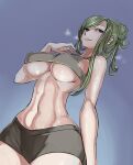  1girl absurdres arm_at_side blue_eyes breasts breath check_commentary commentary commentary_request covered_nipples from_below fuga_(senran_kagura) green_hair hair_bun highres jeaike_art large_breasts lips looking_at_viewer looking_to_the_side parted_lips purple_background senran_kagura senran_kagura_estival_versus senran_kagura_shinovi_versus shorts sidelocks simple_background smile solo sports_bra stomach sweat underboob upper_body 