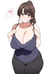  1girl ? black_pants blue_shirt breasts brown_eyes brown_hair cleavage collarbone curvy highres jewelry large_breasts looking_at_viewer nicchi_sangyo original pants ring shirt sleeveless solo thick_thighs thighs white_background wide_hips 