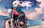  1girl artist_name black_gloves black_pants blue_eyes blue_jacket boots braid breasts bright_pupils brown_footwear closed_mouth cloud commission feather_hair glasses gloves highres hololive hololive_indonesia jacket landacdeus large_breasts long_hair motor_vehicle motorcycle on_motorcycle pants pavolia_reine sky solo tinted_eyewear twitter_username virtual_youtuber white_hair white_pupils 