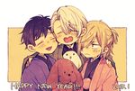  3boys animal bad_id bad_pixiv_id bird black_hair blonde_hair chicken closed_eyes dog green_eyes hair_over_one_eye half_updo happy_new_year japanese_clothes katsuki_yuuri lowres makkachin male_focus multiple_boys naho_(pi988y) new_year open_mouth rooster silver_hair smile viktor_nikiforov yuri!!!_on_ice yuri_plisetsky 