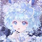  1girl animal_ears blue_bow blue_eyes blue_hair blue_nails blue_ribbon bow carnation chinese_commentary choker collarbone commentary_request commission criss-cross_straps double_bun eyelashes finger_to_mouth floral_background flower flower_choker frilled_bow frilled_choker frills gradient_background hair_bow hair_bun hair_flower hair_ornament hairclip light_blush lipstick looking_at_viewer makeup mioda_xi multiple_hair_bows nail_polish neck_ribbon original parted_lips purple_background purple_bow rabbit_ears red_lips ribbon short_hair solo sparkle striped_bow teeth two_side_up upper_body watermark weibo_logo weibo_username white_bow white_choker white_flower white_wrist_cuffs wrist_bow wrist_cuffs 