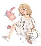  1girl bag blonde_hair blush brown_eyes candy clothes_writing fever food futaba_anzu highres idolmaster idolmaster_cinderella_girls lollipop long_hair low_twintails one_eye_closed open_mouth sanpo_(sanpo_1027) shirt shopping_bag shorts slippers solo striped_clothes striped_shorts stuffed_animal stuffed_rabbit stuffed_toy sweat swirl_lollipop t-shirt thermometer twintails 