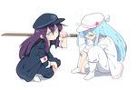  &gt;:/ 2girls akatsuki_(kantai_collection) arms_between_legs black_hat blue_hair cigarette closed_mouth delinquent eyes_closed flat_cap full_body hat hibiki_(kantai_collection) holding kantai_collection long_hair looking_at_viewer multiple_girls profile purple_hair sitting smoke smoking squatting star star_print sword tonmoh verniy_(kantai_collection) very_long_hair weapon white_background white_hat wooden_sword 