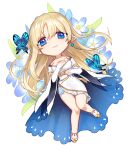  1girl blonde_hair blue_butterfly blue_eyes blush bug butterfly chibi closed_mouth commission dress earrings flower gg_dal jewelry long_hair looking_at_viewer lying on_back original pointy_ears shoes simple_background smile solo white_background white_dress white_footwear 