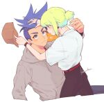  2boys androgynous artist_name baseball_cap belt black_pants blue_hair blush brown_hoodie collared_shirt commentary earrings from_behind galo_thymos green_hair hair_bun hand_in_another&#039;s_hair hat heart highres holding holding_clothes holding_hat hood hoodie jewelry kome_1022 lio_fotia looking_at_another looking_down looking_up male_focus mohawk multiple_boys nose_blush pants promare red_belt shirt short_hair short_sleeves sidelocks simple_background spiked_hair tight_clothes watch white_background wristwatch 