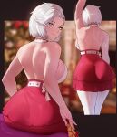  1girl arm_up ass back backless_shirt bare_back belt blurry blurry_background bow breasts christmas christmas_tree commentary from_behind gift halterneck highres jamesloves_art large_breasts layered_skirt looking_at_viewer looking_back miniskirt pantyhose red_skirt shirt short_hair sitting skirt vshojo white_belt white_bow white_hair white_pantyhose white_shirt yellow_eyes zentreya zentreya_(cyborg) 