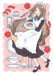  1girl :d apple apron black_dress black_footwear border brown_eyes brown_hair commentary cup dress fang flower flower_(symbol) food fork frilled_apron frills fruit full_body halftone hands_up highres holding holding_fork holding_plate hourglass long_dress long_hair long_sleeves looking_at_viewer maid maid_apron maid_headdress nahara_saki open_mouth original outside_border pantyhose pink_background plate red_apple saucer shoes skin_fang smile solo spoon symbol-only_commentary teabag teacup very_long_hair white_apron white_border white_flower white_pantyhose 