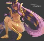  bad_id bad_pixiv_id blonde_hair boots bracelet breasts dark_skin earrings egyptian egyptian_clothes english facial_mark fate/grand_order fate_(series) full_body hairband hoop_earrings jewelry kanikou large_breasts long_hair midriff multicolored_hair nitocris_(fate/grand_order) purple_eyes purple_hair smile solo two-tone_hair underboob very_long_hair 