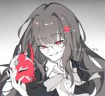  1girl :d blazer collared_shirt fox_mask glasses greyscale grin hair_intakes hair_ornament hairclip highres holding holding_mask honkai:_star_rail honkai_(series) jacket long_bangs long_hair looking_at_viewer mask monochrome neck_ribbon open_clothes open_jacket open_mouth portrait red_eyes red_mask ribbon school_uniform shirt sidelocks smile solo sparkle_(honkai:_star_rail) spot_color teeth umetsuru 