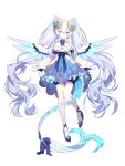  1girl absurdres bare_shoulders bloomers detached_sleeves dragoon_(quantum_protocol) dress facial_mark hen-tie high_heels highres horns long_hair looking_at_viewer non-web_source purple_eyes quantum_protocol tail thighhighs transparent_background twintails white_hair wings 