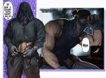  1boy bandana bandana_over_mouth bara belt black_coat black_gloves black_hair black_pants black_tank_top brown_belt clothes_lift coat english_commentary english_text gloves heart highres hood hood_up hooded_coat large_pectorals male_focus merchant_(resident_evil) muscular muscular_male navel_hair open_belt open_pants pants pectorals ponytail purple_bandana resident_evil resident_evil_4 resident_evil_4_(remake) short_hair sitting tank_top twitter_username umikochannart 