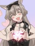  1girl :d animal_ears bare_arms black_bow black_choker blue_background blush_stickers bow breasts cat_ears choker facing_viewer final_fantasy final_fantasy_xiv gg_dal grey_hair hair_bow hands_up head_tilt heart heart_hands highres long_hair miqo&#039;te mole mole_under_mouth pinky_out small_breasts smile solo warrior_of_light_(ff14) 