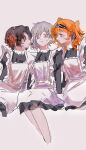  3girls absurdres apron ashufu black_dress braid brown_hair checkered_hairband chinese_commentary closed_mouth commentary_request cropped_legs dress girl_sandwich green_eyes grey_background grey_eyes grey_hair hair_bun highres juliet_sleeves long_sleeves looking_at_another maid maid_apron multiple_girls orange_hair puffy_sleeves red_eyes reverse:1999 sandwiched schneider_(reverse:1999) short_hair side_braid simple_background single_side_bun sitting sonetto_(reverse:1999) sweatdrop two_side_up vertin_(reverse:1999) white_apron yuri 