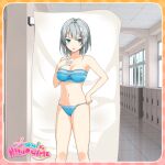  1girl bare_arms bare_legs bare_shoulders bikini blue_bikini blue_eyes breasts cleavage collarbone dot_nose grey_hair groin hair_ornament hallway hand_on_own_chest hand_on_own_hip knees large_breasts looking_at_viewer machiyuki_ricka moe!_ninja_girls navel open_mouth school short_hair solo standing stomach swimsuit thighs window 
