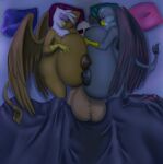 absurd_res anthro areola avian balls beak bedding between_breasts big_balls big_breasts blanket blues64 blush breasts brown_areola brown_body brown_nipples butt eyes_closed female friendship_is_magic gabby_(mlp) genitals gilda_(mlp) grey_areola grey_body grey_nipples group gryphon hasbro hi_res huge_balls huge_breasts hyper hyper_balls hyper_breasts hyper_genitalia lying male marauder6272 my_little_pony mythological_avian mythological_creature mythology nipples nude on_back on_side pillow sleeping smile trio wings