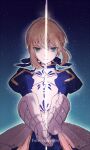  1girl ahoge armor armored_dress artoria_pendragon_(fate) blonde_hair blue_dress dress fate/stay_night fate_(series) gauntlets green_eyes invisible_air_(fate) juliet_sleeves long_sleeves looking_at_viewer puffy_sleeves ro96cu saber_(fate) serious solo straight-on upper_body 
