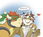  &lt;3 2015 anthro bowser brown_hair cum cum_everywhere cum_in_hair cum_on_cheek cum_on_face cum_on_neck digital_media_(artwork) eyes_closed gradient_background hair horn kissing koopa male male/male mammal mario_bros messy nintendo red_hair scalie simple_background smile spikes tongue tongue_out toomanyboners unknown_species video_games 