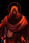  1boy armor black_background black_scales chainmail commentary elden_ring elden_ring:_shadow_of_the_erdtree english_commentary great_rune_(elden_ring) highres long_hair looking_at_viewer messmer_the_impaler midosakatrash midriff red_hair red_robe robe rune scales signature simple_background single_vambrace slit_pupils solo vambraces yellow_eyes 