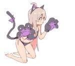  1girl ahoge animal_ear_fluff animal_ear_hairband animal_ears animal_hands bare_arms bare_legs bare_shoulders barefoot black_bra black_hairband black_panties bow bra brown_eyes cat_ears cat_tail cleavage_cutout clothing_cutout commentary fake_animal_ears flat_chest frilled_bra frilled_panties frills gloves grey_hair hair_between_eyes hairband highres karubi_(karubi465558) kneeling lingerie long_hair multicolored_hair onii-chan_wa_oshimai! oyama_mahiro panties paw_gloves paw_pose pink_hair purple_bow simple_background sketch solo tail tail_bow tail_ornament two-tone_hair underwear underwear_only very_long_hair white_background 