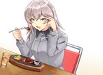  akaneyu_akiiro blue_eyes chair cup drinking_glass eating fork girls_und_panzer hamburger_steak holding itsumi_erika kuromorimine_school_uniform long_hair looking_at_viewer open_mouth silver_hair simple_background solo table water white_background 