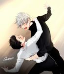  2boys :d ^_^ artist_name black_hair black_shirt blush closed_eyes commentary dancing eyes_closed gearous grey_hair hair_slicked_back hand_around_neck hand_on_another&#039;s_hip katsuki_yuuri long_sleeves male_focus messy_hair multiple_boys open_mouth outstretched_arms profile shirt smile standing symbol_commentary upper_body viktor_nikiforov white_shirt yaoi yuri!!!_on_ice 