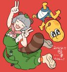  1boy 1girl 2024 :3 animal_ears animal_nose arched_back arm_up bald bandana_around_neck blush_stickers closed_eyes colored_skin commentary double_v facing_viewer full_body green_overalls grey_hair hand_up highres leaf leaf_on_head looking_at_viewer mode_aim momoco_(momco04) new_year open_mouth orange_socks peanuts-kun ponpoko_(vtuber) raccoon_ears raccoon_girl raccoon_tail red_background shirt shoes short_hair short_sleeves shorts simple_background smile socks suspender_shorts suspenders tail topless_male twisted_torso v virtual_youtuber white_shirt yellow_skin 