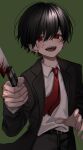  1boy absurdres akanei6no_sora black_hair black_jacket black_pants blood blood_on_face blood_on_knife collared_shirt green_background hair_between_eyes highres holding jacket knife long_sleeves looking_at_viewer male_focus necktie open_clothes open_jacket open_mouth original pants red_eyes shirt simple_background solo white_shirt 