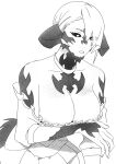  1girl au_ra black_sclera breasts cleavage closed_mouth colored_sclera corset final_fantasy final_fantasy_xiv gg_dal greyscale horns large_breasts looking_down monochrome monster_girl parted_lips scales short_hair simple_background solo warrior_of_light_(ff14) white_background 